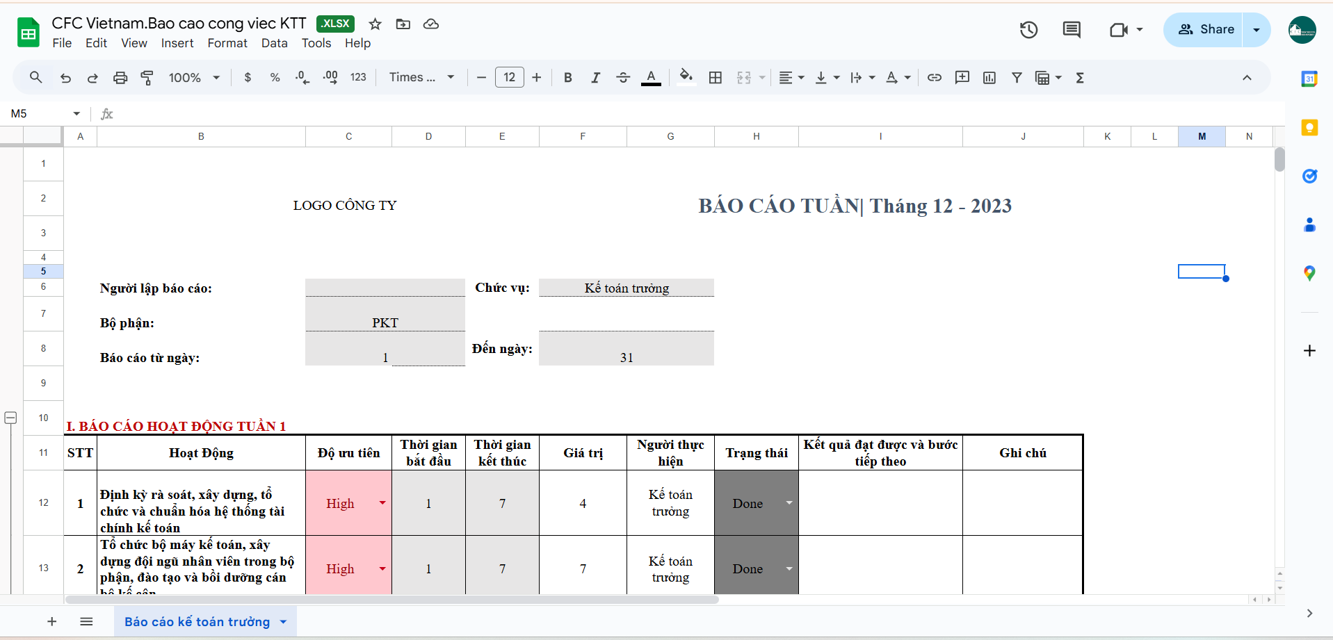 Mẫu báo cáo công việc
